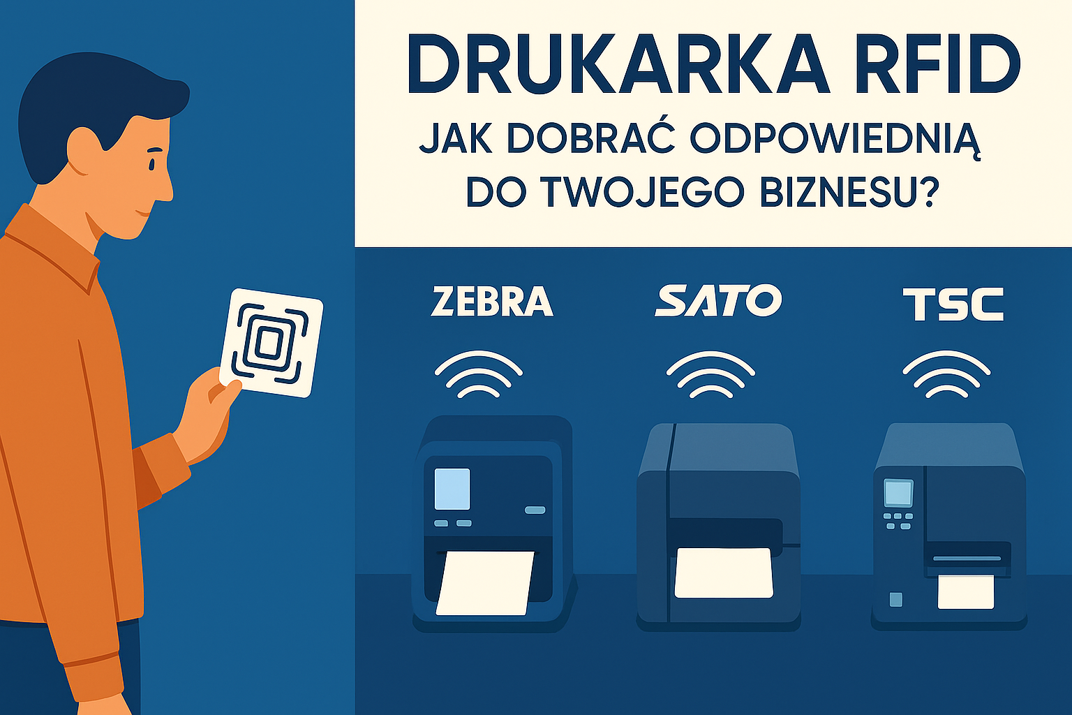 Obrazek przedstawia ciemno-niebieski napis "Drukarka RFID, jak dobrać odpowiednią do twojego biznesu?" na kremowym tle. Poniżej napisu stoją wspomniane w artykule drukarki SATO, TSC i Zebra, a obok nich klient z tagiem zastanawiający się którą wybrać.