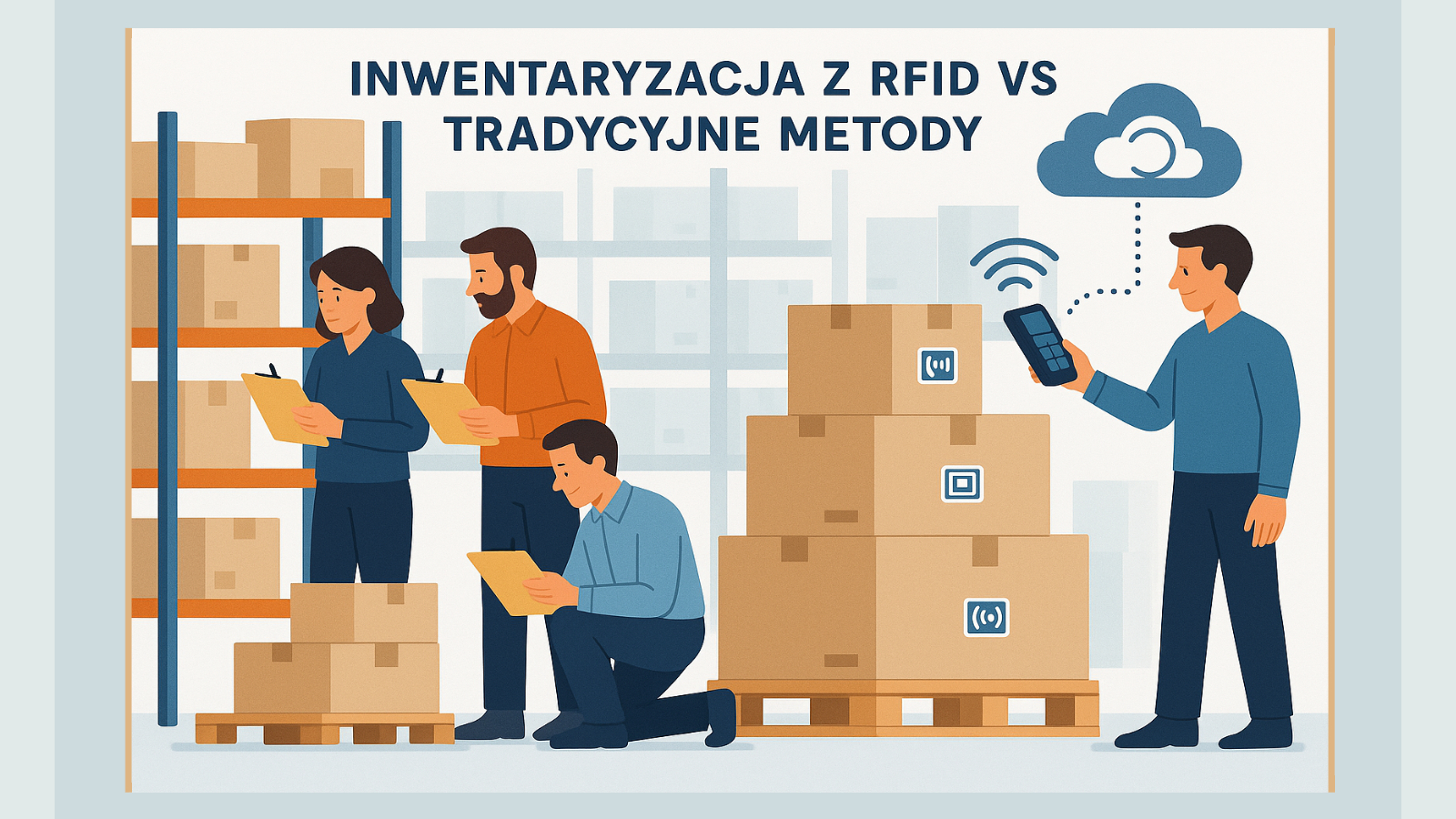 Na grafice znajdują się postacie wykonujące inwentaryzację ręcznie, a w kontraście do nich po drugiej stronie postać przeprowadza inwentaryzację z technologią rfid.