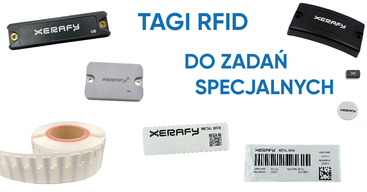 Wytrzymałe tagi RFID, którymi da się otagować beton, metal i narzędzia, na białym tle z niebieskim napisem "Tagi RFID do zadań specjalnych"