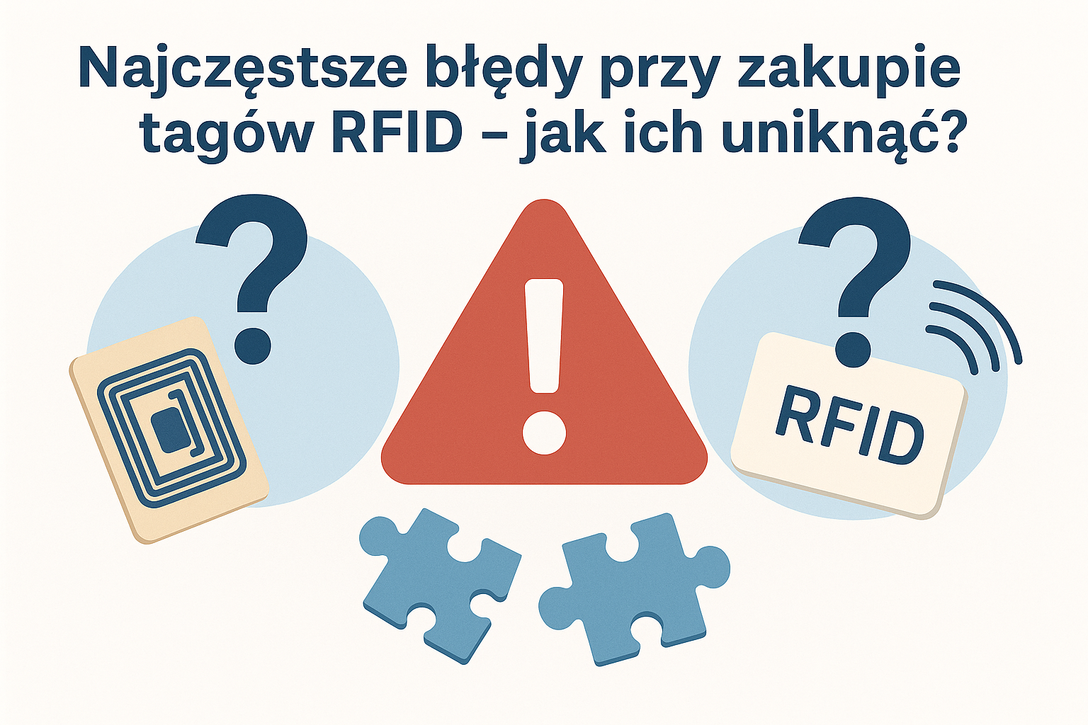 Grafika przedstawia tag RFID, trójkąt ostrzegawczy z wykrzyknikiem w kolorze czerwonym z białym wykrzyknikiem oraz puzzle. Na górze grafiki widnieje napis "Najczęstsze błędy przy zakupie tagów RFID - jak ich uniknąć?