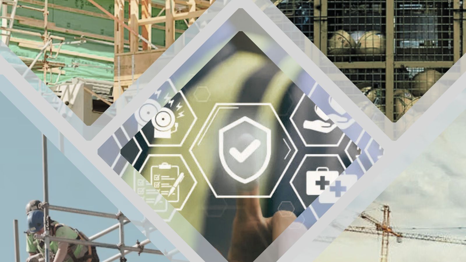 Grafika przedstawia pięć innych obrazów związanych z bhp oraz technologią RFID